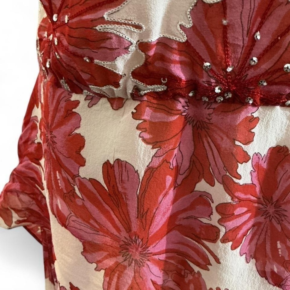 Chetta B Silk Floral Halter Top Size 14 Red Pink Sequin Embellished Asymmetrical - Picture 8 of 8